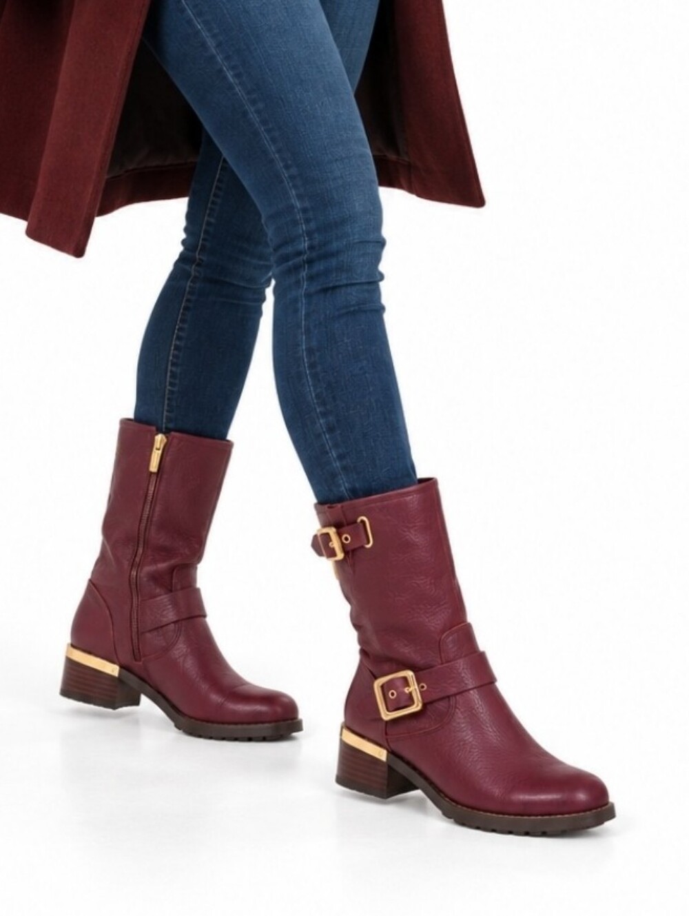 Vince Camuto Burgundy Leather Mid-Calf Combat Boots with Gold Buckles